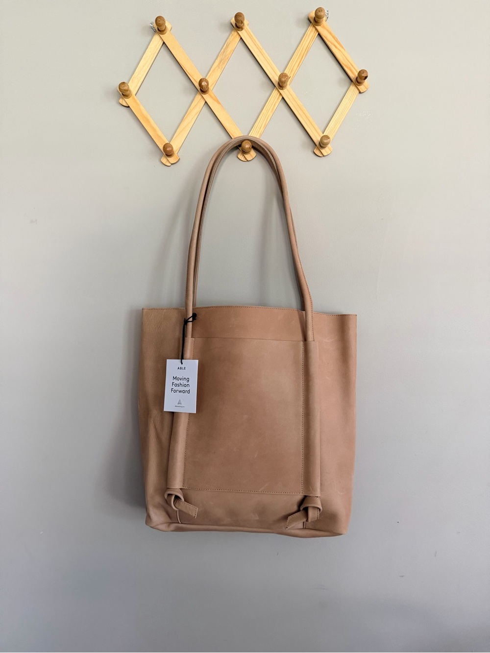 NEW ABLE Lomi Leather Tote in Lt Mauve- Classic Roomy Tote with front pocket